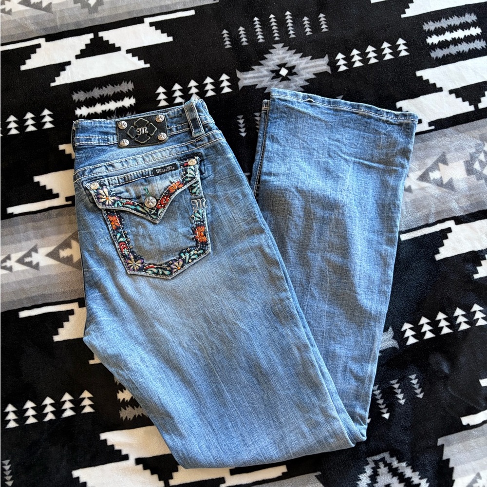 Miss Me Light Blue Boot Cut Jeans with Embroidered Pockets